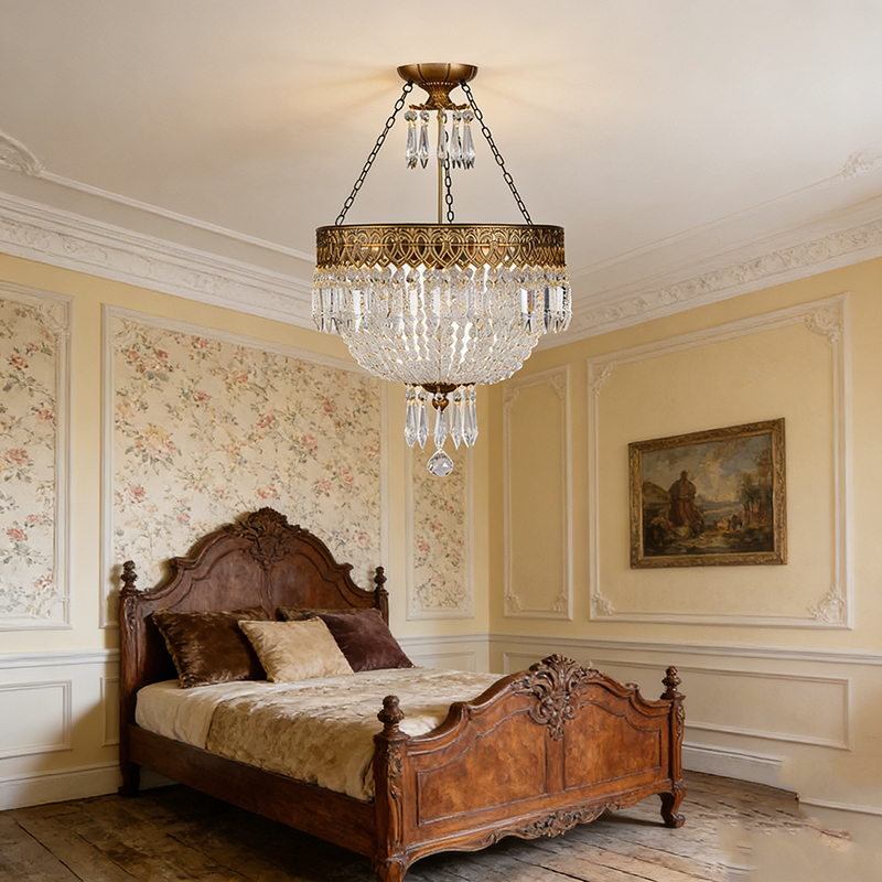 Antique Brass Crystal Semi Flush Mount Chandelier, Classic Elegant Ceiling Light