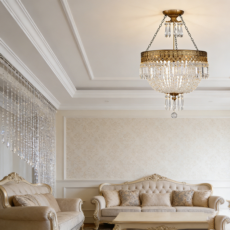 Antique Brass Crystal Semi Flush Mount Chandelier, Classic Elegant Ceiling Light - Image 3