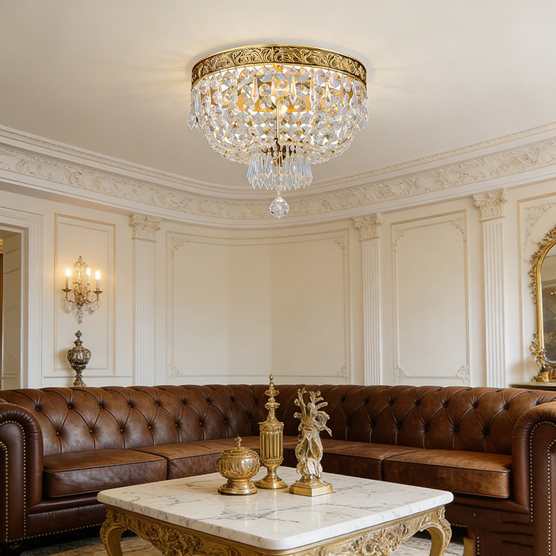 Vintage Brass & Crystal Flush Mount Ceiling Light Collection