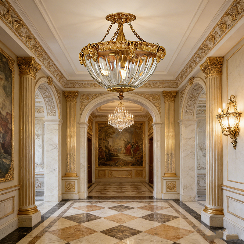 Luxury Ornate Brass & Glass Flush Mount Ceiling Light