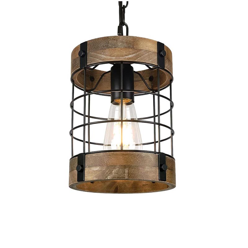 Industrial Wood & Black Metal Cylinder Cage Pendant Light - Image 3