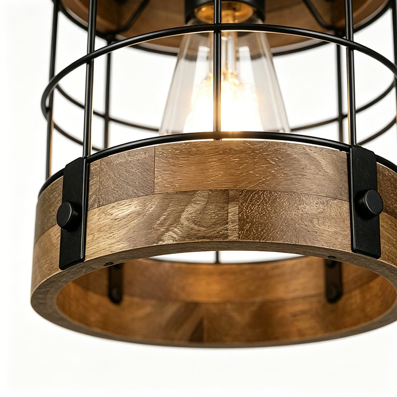Industrial Wood & Black Metal Cylinder Cage Pendant Light - Image 2