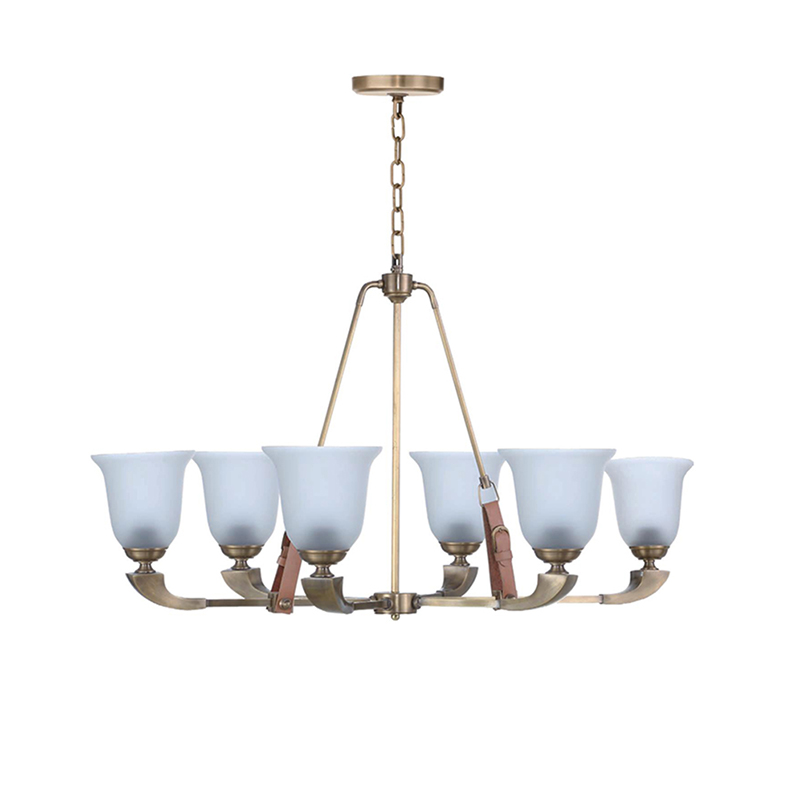 Vintage Brass Chandelier With Leather Accents & Frosted Glass Shades - Image 3