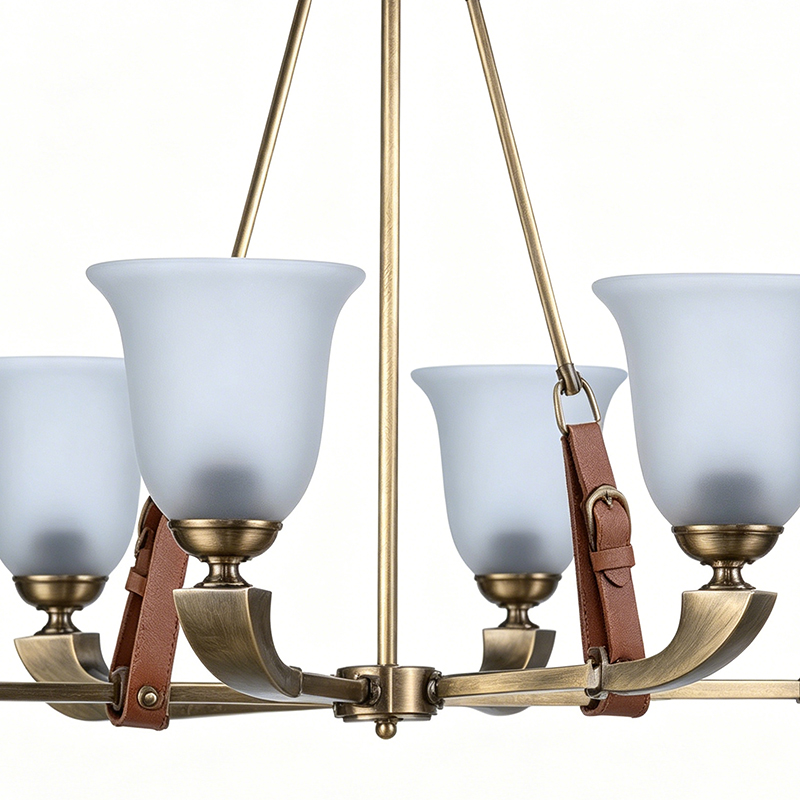 Vintage Brass Chandelier With Leather Accents & Frosted Glass Shades - Image 2