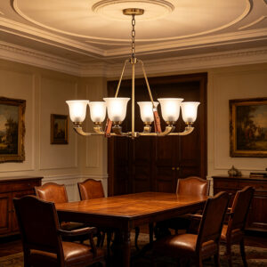 Vintage Brass Chandelier With Leather Accents & Frosted Glass Shades