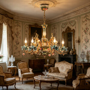 Floral Porcelain & Brass Chandelier Set