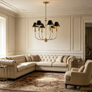 Vintage Brass & Black Shade Chandelier
