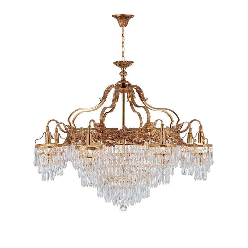 Gilded Brass & Tiered Crystal Waterfall Chandelier Set - Image 6
