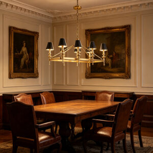 Linear Brass & Black Tapered Shade Chandelier