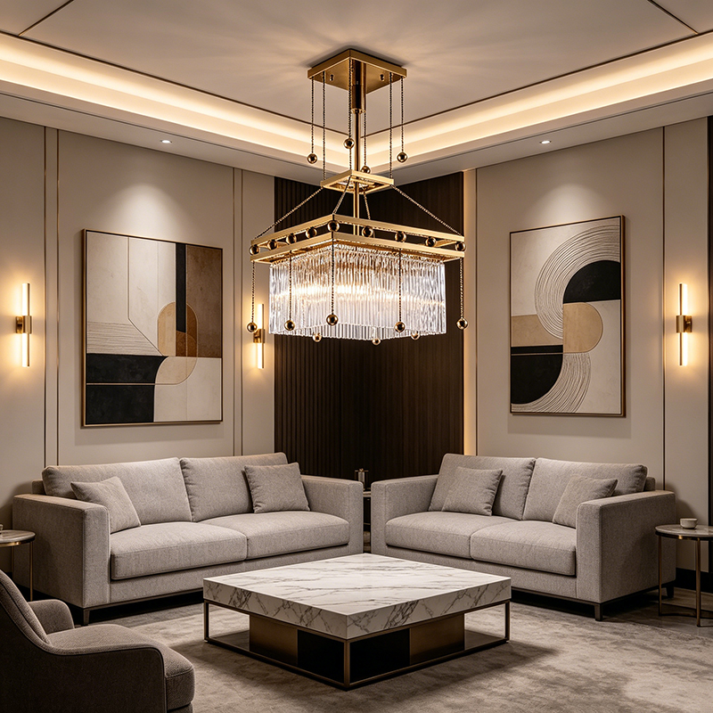 Geometric Brass & Glass Rod Chandelier Duo