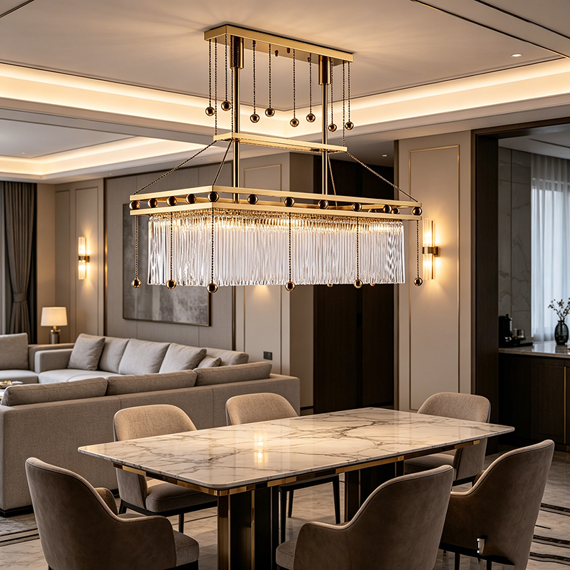 Geometric Brass & Glass Rod Chandelier Duo - Image 4