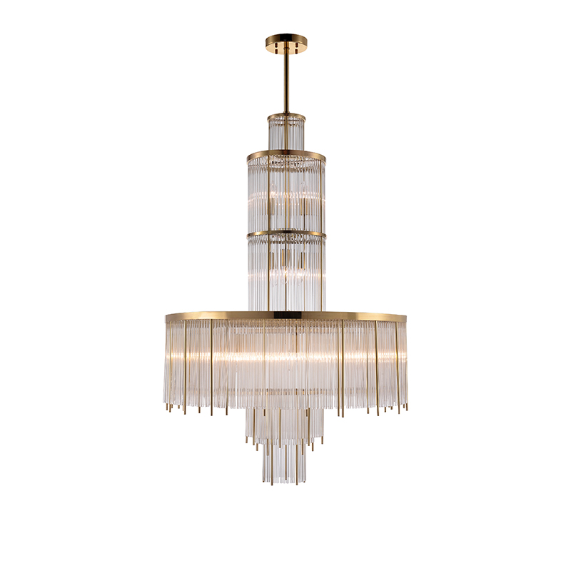 Tiered Art Deco Brass & Glass Rod Chandelier Trio - Image 6