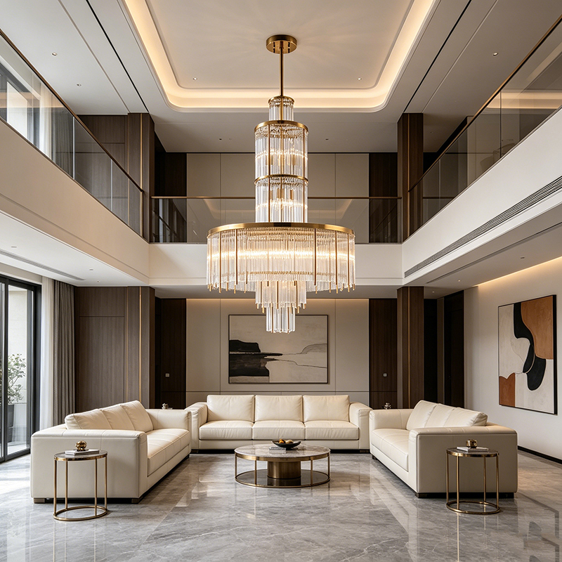 Tiered Art Deco Brass & Glass Rod Chandelier Trio - Image 4