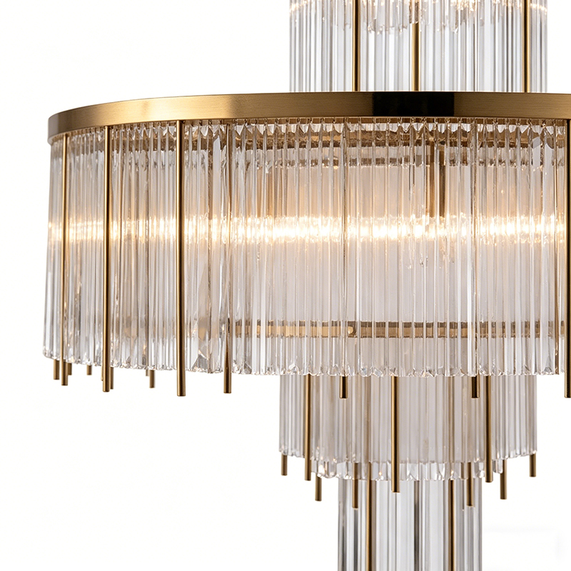 Tiered Art Deco Brass & Glass Rod Chandelier Trio - Image 5