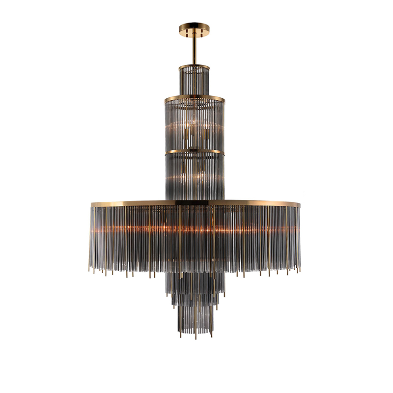 Tiered Art Deco Brass & Glass Rod Chandelier Trio - Image 10