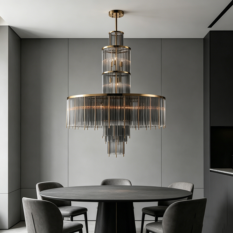 Tiered Art Deco Brass & Glass Rod Chandelier Trio - Image 7