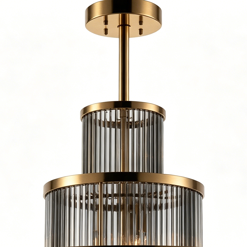 Tiered Art Deco Brass & Glass Rod Chandelier Trio - Image 9