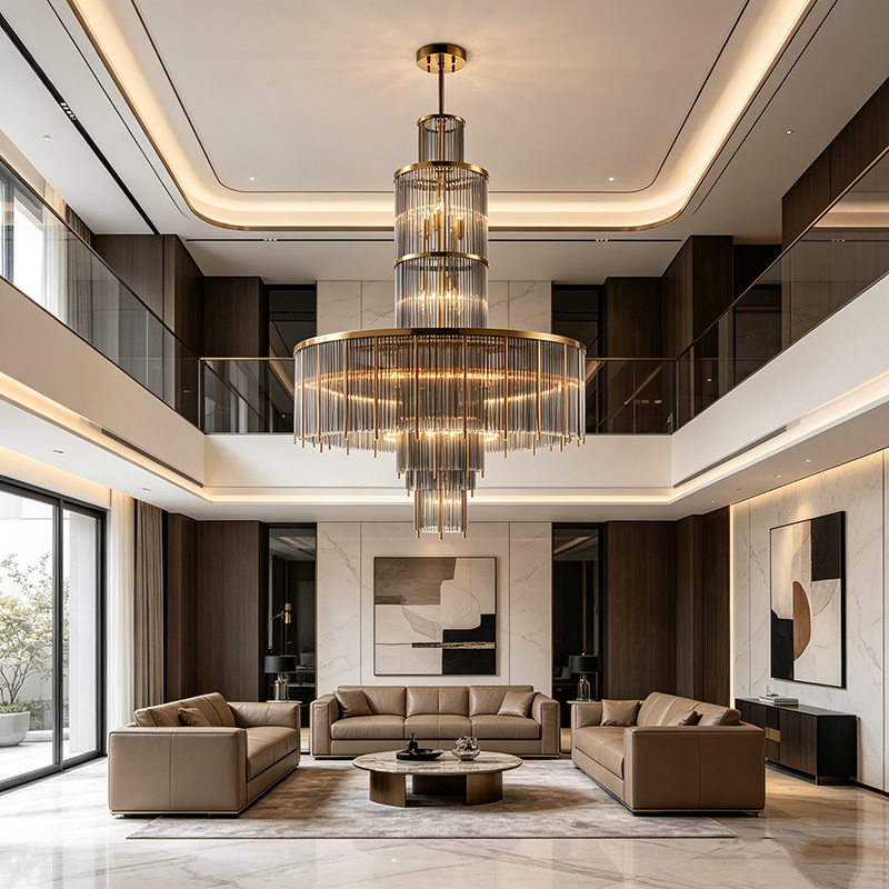 Tiered Art Deco Brass & Glass Rod Chandelier Trio - Image 8