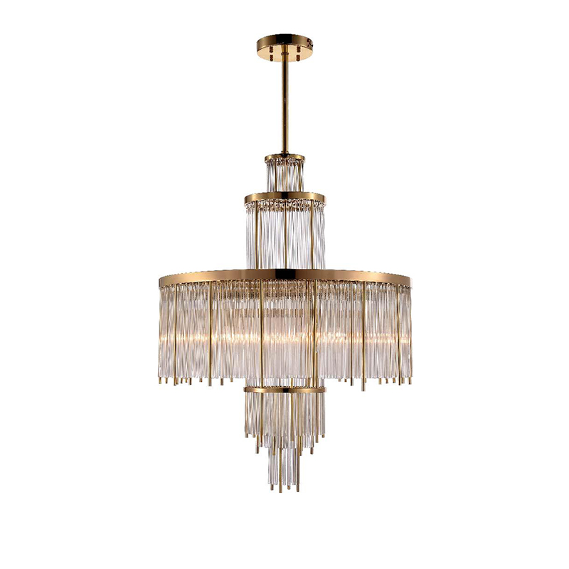 Tiered Art Deco Brass & Glass Rod Chandelier Trio - Image 3