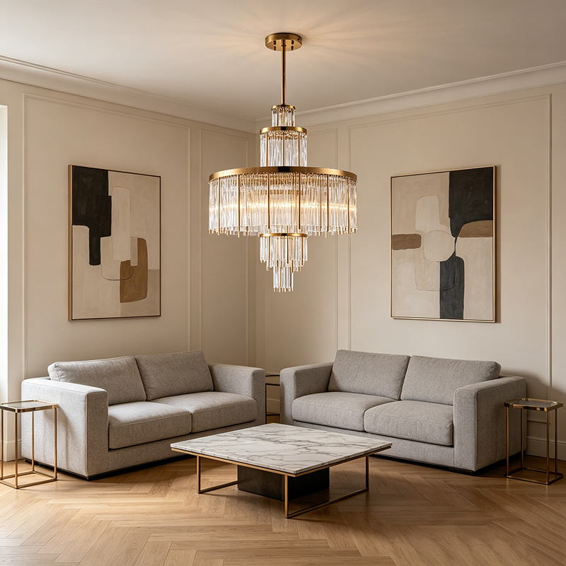 Tiered Art Deco Brass & Glass Rod Chandelier Trio