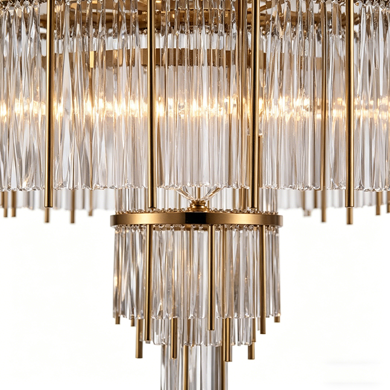 Tiered Art Deco Brass & Glass Rod Chandelier Trio - Image 2