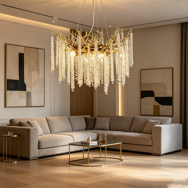 Golden Branch Aluminum Chandelier With Crystal Strands