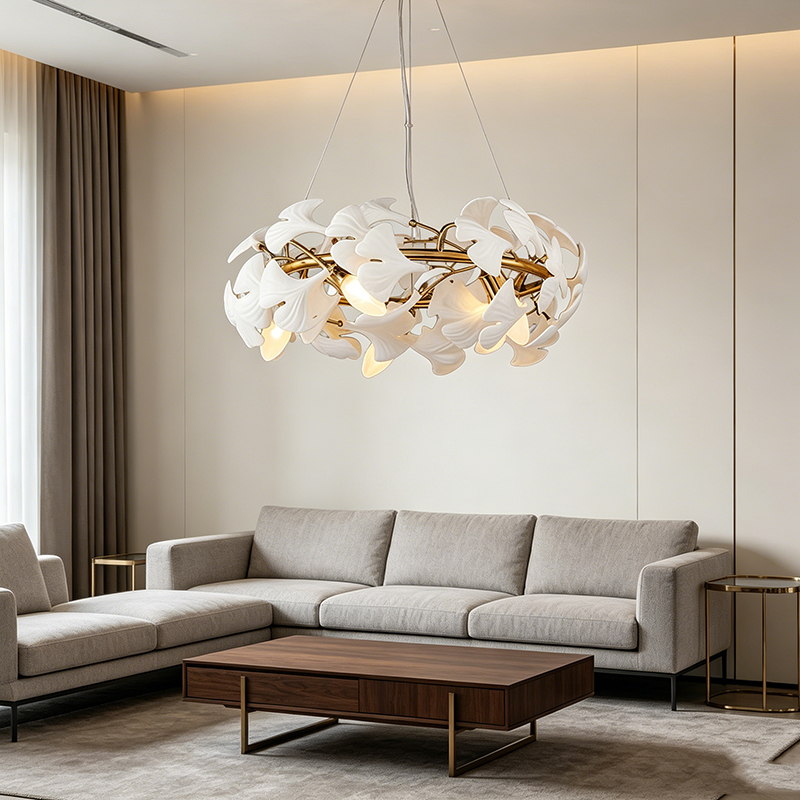 Nature-Inspired Iron Chandelier With Ceramic Ginkgo Leaf Shades
