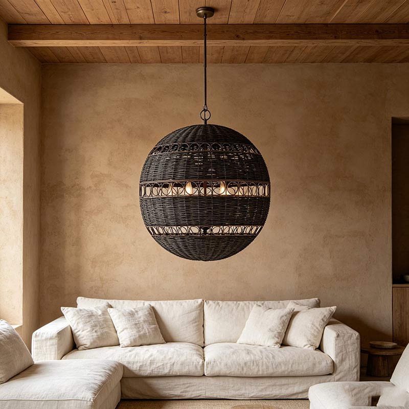 Black Woven Rattan Sphere Pendant Light