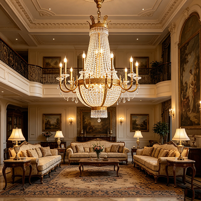 Empire-Style Brass & Crystal Basket Chandelier