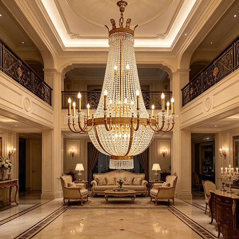 Empire-Style Brass & Crystal Basket Chandelier - Image 4