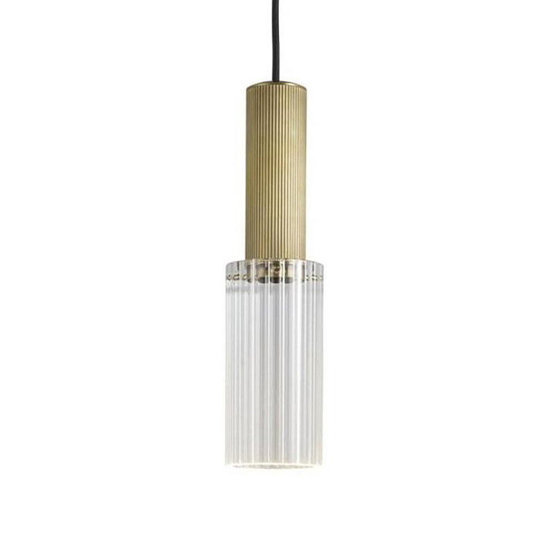 Contemporary Ribbed Brass & Glass Pendant Lights, Linear Cylinder Hanging Lamps - Image 3