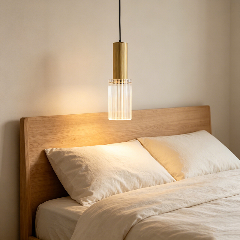 Contemporary Ribbed Brass & Glass Pendant Lights, Linear Cylinder Hanging Lamps