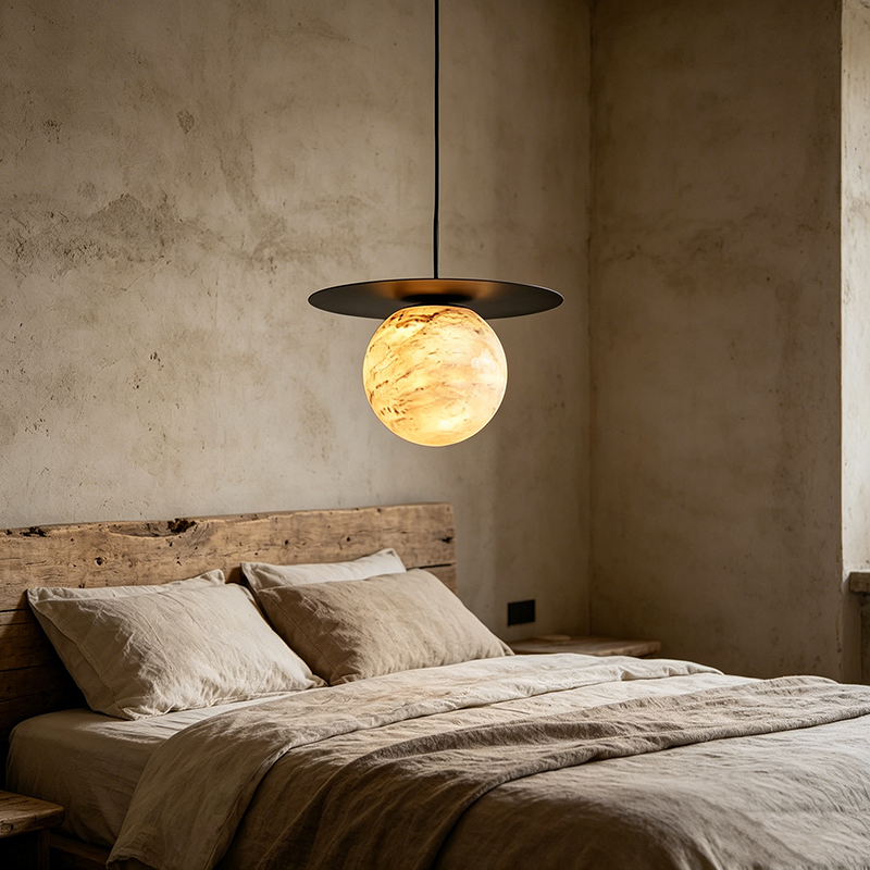 Modern Black Brass & Alabaster Pendant Lights, Multi-Size Planetary Style Hanging Fixtures