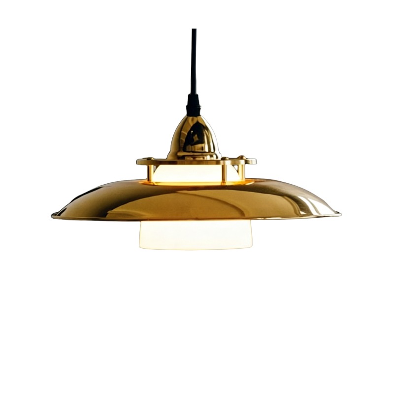 Mid-Century Brass & Frosted Glass Pendant Lights, UFO Style Hanging Fixtures - Image 3