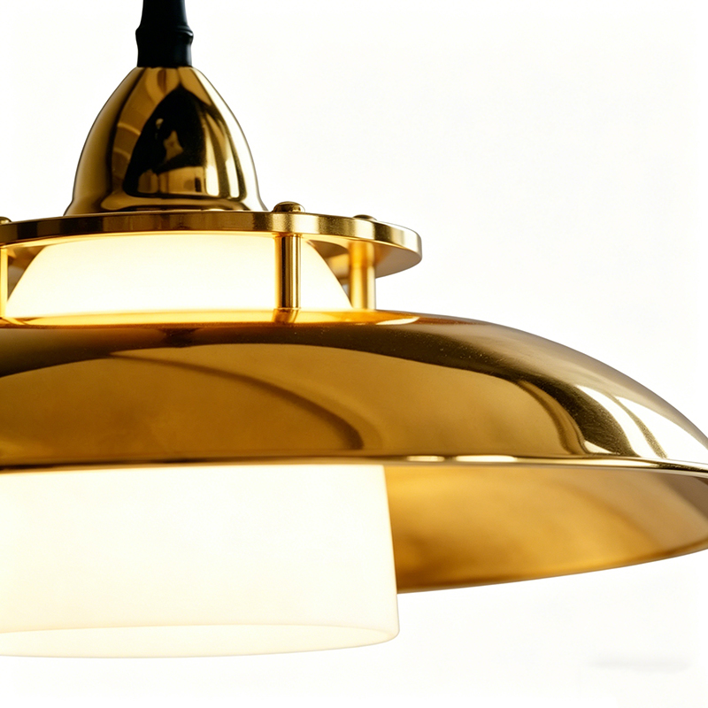 Mid-Century Brass & Frosted Glass Pendant Lights, UFO Style Hanging Fixtures - Image 2