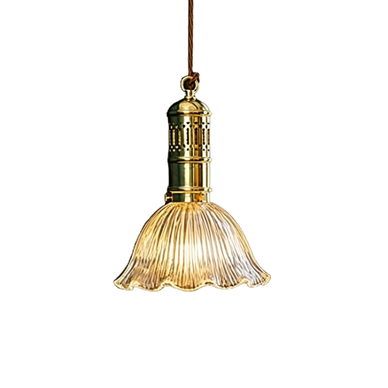 Polished Brass & Ribbed Glass Bell Pendant Light - Image 3
