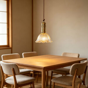 Polished Brass & Ribbed Glass Bell Pendant Light