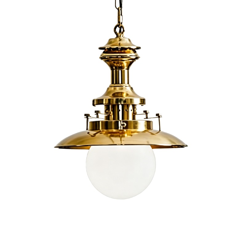 Nautical Brass & Opal Glass Pendant Lights, Vintage Ship Style Hanging Fixtures - Image 3