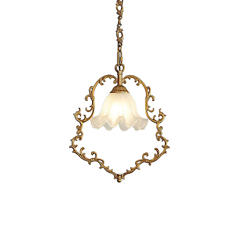Ornate Vintage Brass & Frosted Glass Pendant Lights, French Rococo Style Hanging Fixtures - Image 4