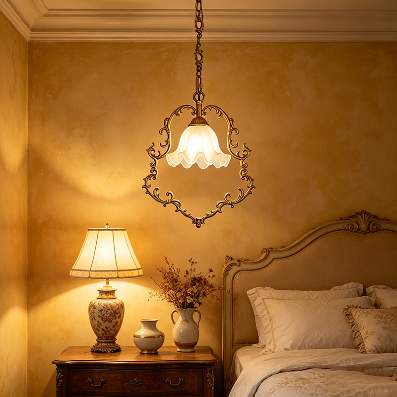 Ornate Vintage Brass & Frosted Glass Pendant Lights, French Rococo Style Hanging Fixtures
