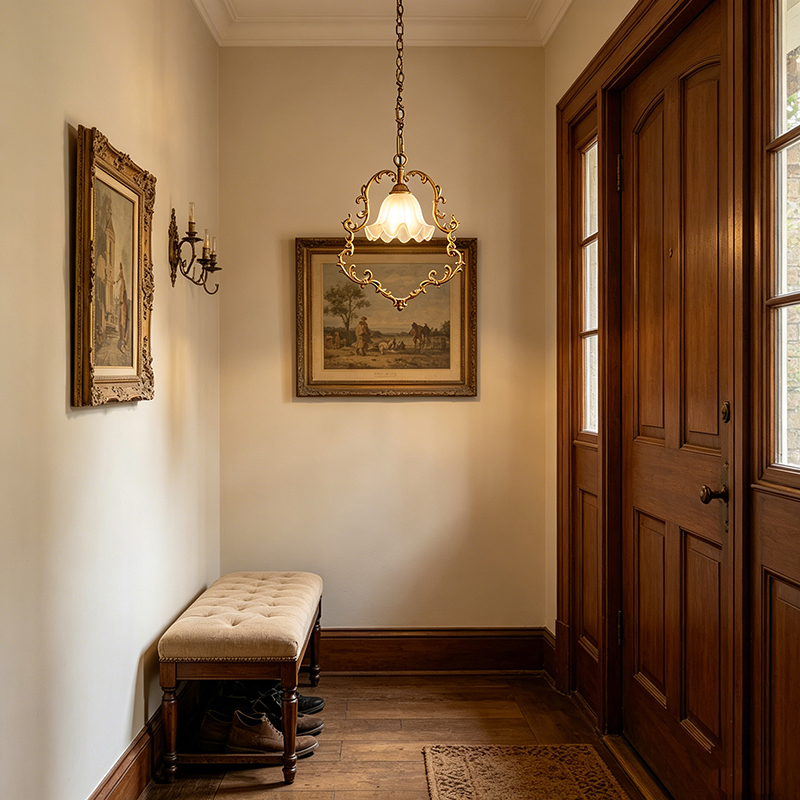 Ornate Vintage Brass & Frosted Glass Pendant Lights, French Rococo Style Hanging Fixtures - Image 2