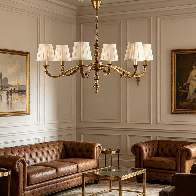 Antique Brass Chandelier With Pleated Fabric Shades