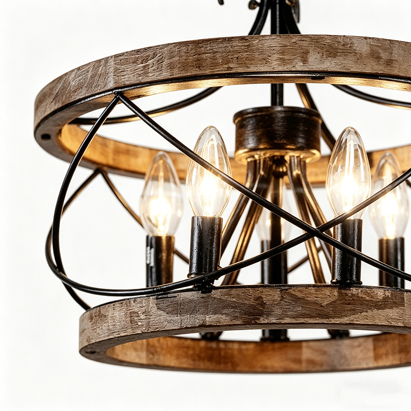 Rustic Metal & Wood Cage Chandelier Set - Image 2