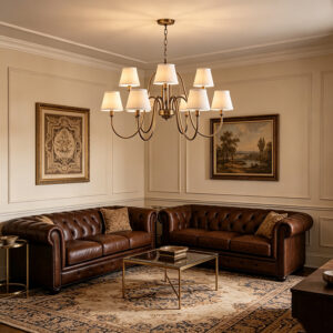 Curved Brass Chandelier With White Fabric Shades