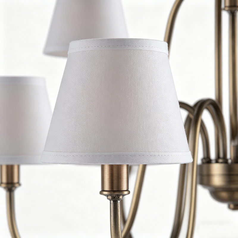 Curved Brass Chandelier With White Fabric Shades - Image 2