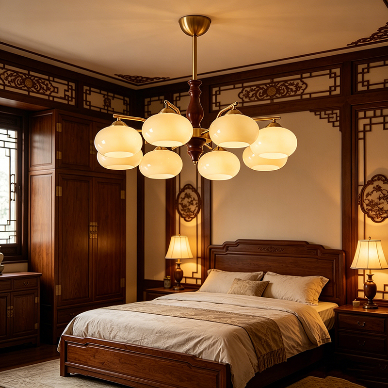 Vintage Brass & Wood Chandelier With Cream Glass Globes