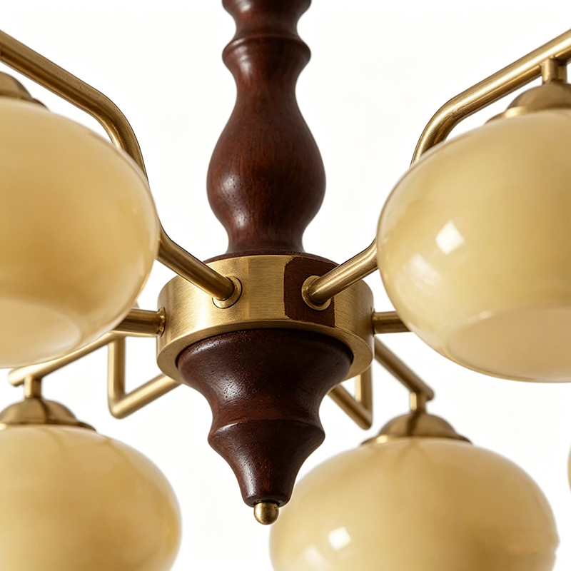 Vintage Brass & Wood Chandelier With Cream Glass Globes - Image 2