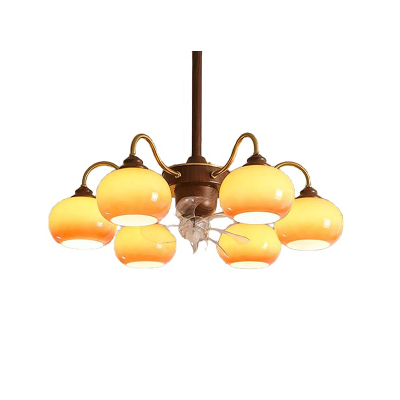 Retro Wood & Brass Fan Chandelier With Yellow Glass Globes - Image 3