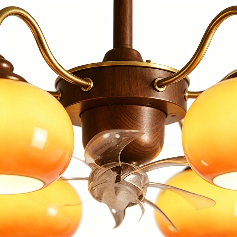 Retro Wood & Brass Fan Chandelier With Yellow Glass Globes - Image 2