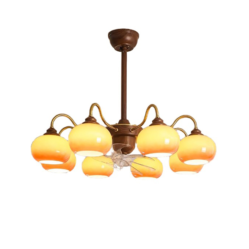 Retro Wood & Brass Fan Chandelier With Yellow Glass Globes - Image 6